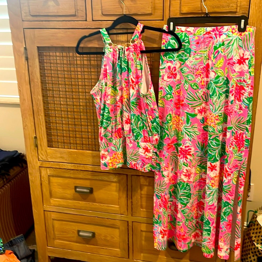 Lilly Pulitzer Pink and Green Floral Skirt Set